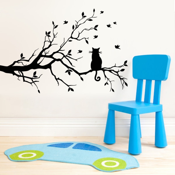 Tree branch leaves with cat self-adhesive wall stickers, black