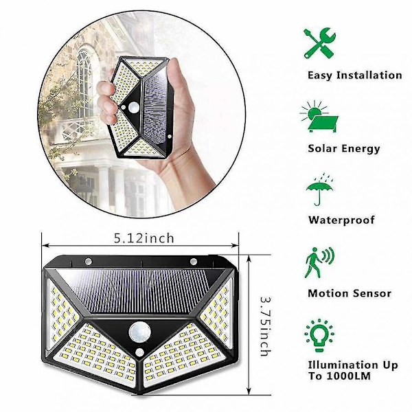 Utendørs solcellelys 100 Led 4-pakke, utendørs solcellelys bevegelsessensor, trådløs solcellelyskaster med 3 smarte moduser vanntett solcellelys