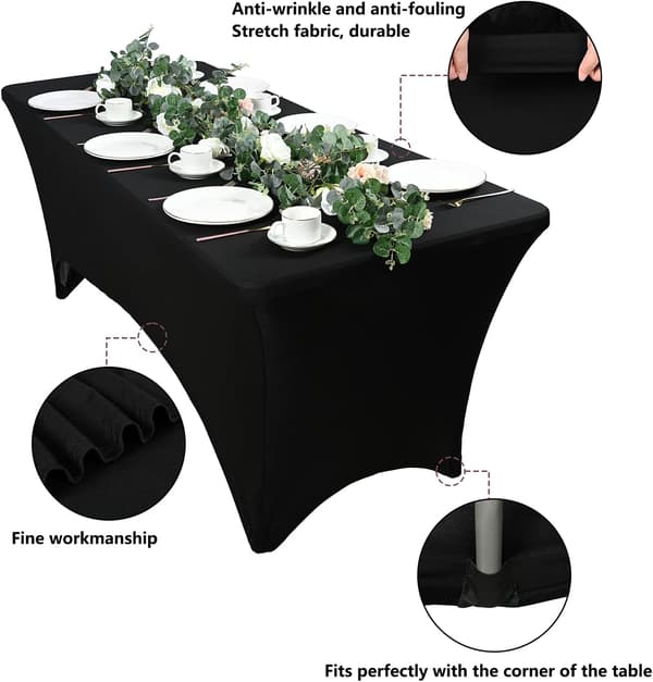 3 stk. sorte spandex-bordduge, 6ft polyester rektangulært bordtæppe