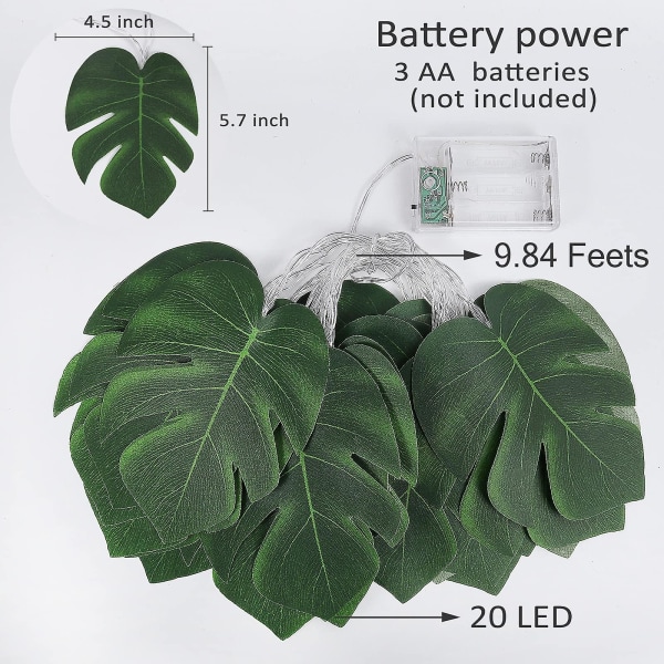 20 Led Monstera Leaf String Lights, Tropisk konstgjord rotting Palmblad Vägghängande Vinblad, Sommardekoration