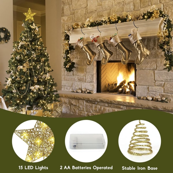 Star Christmas Tree Topper - 20cm Gold, Lighted Star Christmas Tr