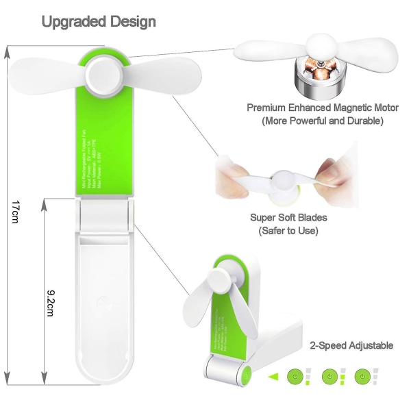 Handhållen fläkt Mini elektrisk handhållen fläkt, handfläkt uppladdningsbar bärbar hopfällbar USB-fläkt batteridriven liten skrivbordsfläkt（Grön）