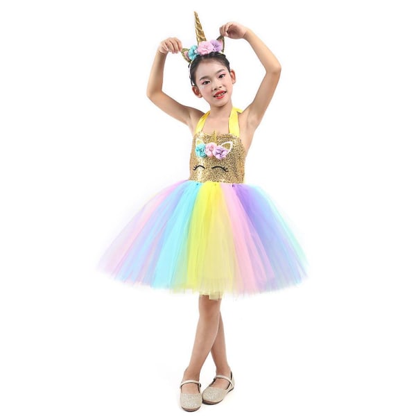 Guld Sequin Unicorn Cosplay Flickor Tutu Klänning Födelsedag Halloween（XL(7-8Y)）