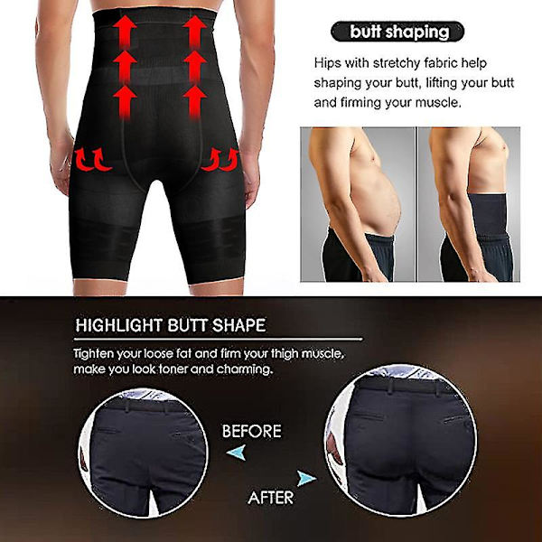 Miesten vartalonmuotoilija Vatsan hallinta Shorts Shapewear Vatsavyö Bokserit Korkeavyötäröinen Hoikentava alusvaatteet Jalka（XL Musta）