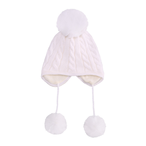 Barnens hörselskydd stickad mössa ullboll baby mössa handskar set (Vit)