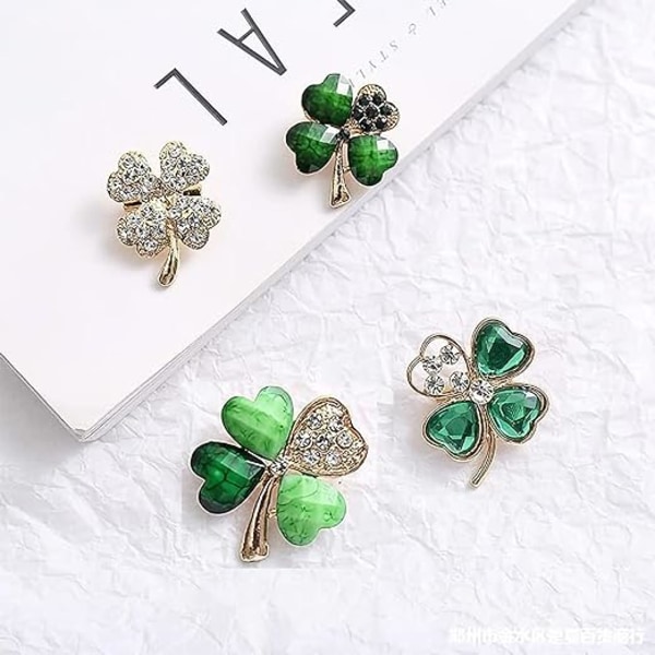 4 stk. Firkløver Brosche Pin Grøn Rhinestone Brosche Legering Cr