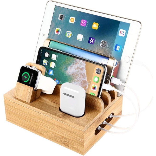 Bamboo Wood Multi-Device Ladestation og opbevaringsboks, Univer