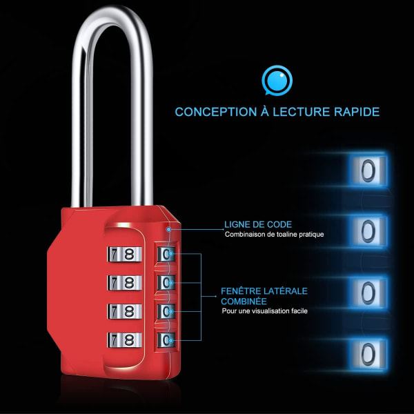 2 Piece Red，Long Combination Padlock 6.7cm, Waterproof 4-Digit Co