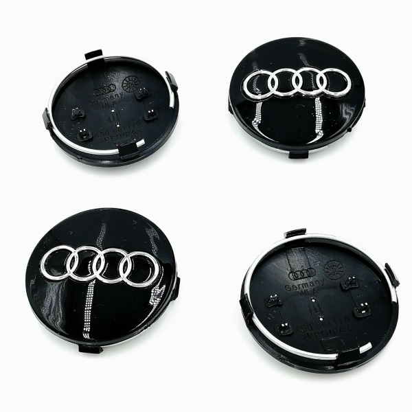 Audi svarte 60mm, 4-delt sett med Audi lettmetallfelgdeksel, emblemer