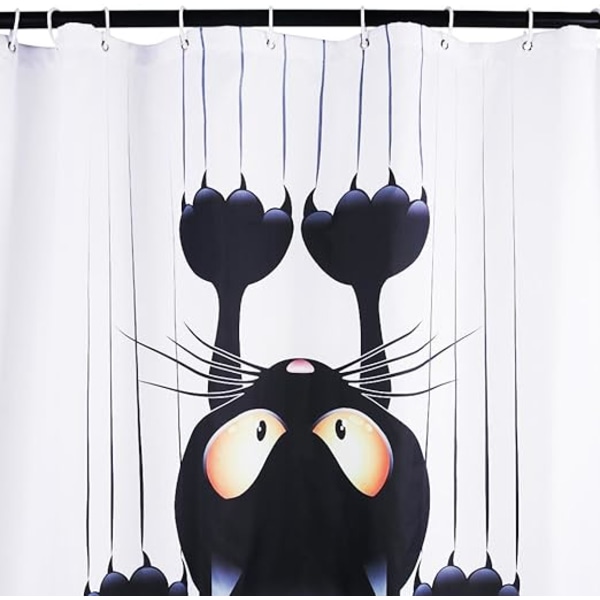 1pc Leashy Funny Cat DIY Shower Curtain with Hooks (Black Cat, 15