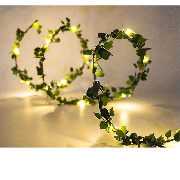 20 Led Artificial Green Leaf Rattan Garland String Lights Vine Fairy Led Copper Wire Decor Solar Powered（16.4ft Battery）