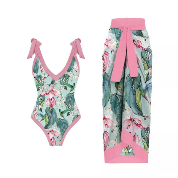 Dam 1-delad baddräkt bikini med badkläder strandklänning Y16（XL rosa）
