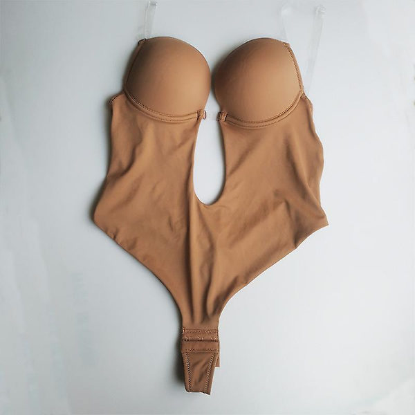 Kvinnors djupt V-ringade body shaper rygglös bh body shapewear U-ringad sömlös trosa helkroppsdräkter kaffe（XXL）