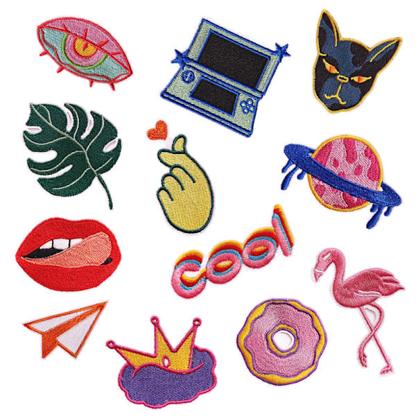 Sæt med 12 badges til tasker, tøj og tilbehør. Planet badge