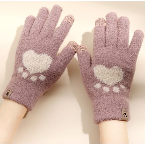 6 st dubbel touch screen katt tass kall-resistent varma handskar för kvinnor höst och vinter plysch förtjockad ull stickade handskar (Off-White+Bean Paste)