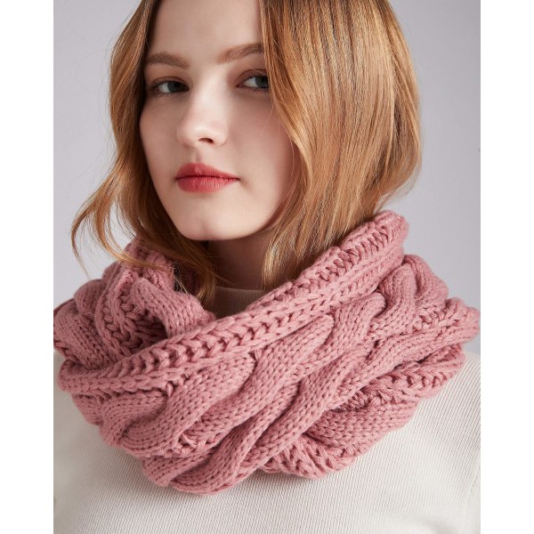 Dam vinter stickad infinity halsduk mode tjock varm cirkel loop halsdukar（Rosa）