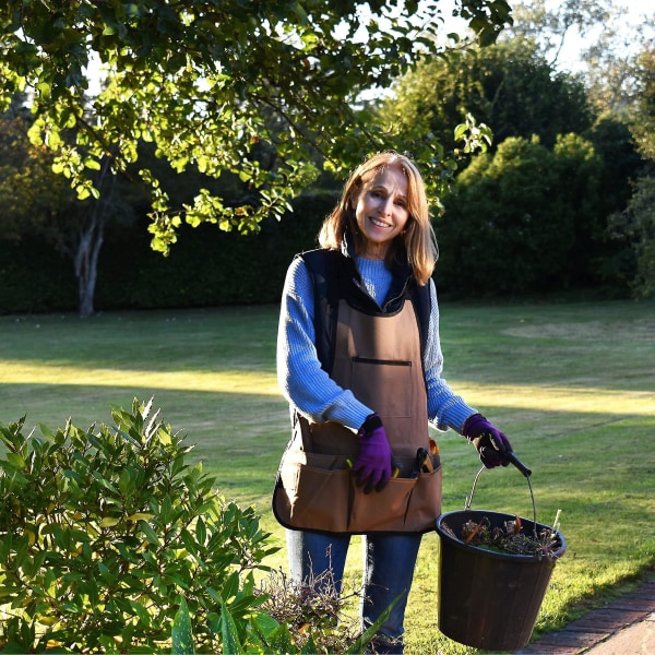 Trädgårdsförkläde med fickor på bröstet och bälte för trädgårdsredskap, tillbehör och spänn fast bälte med justerbar hals