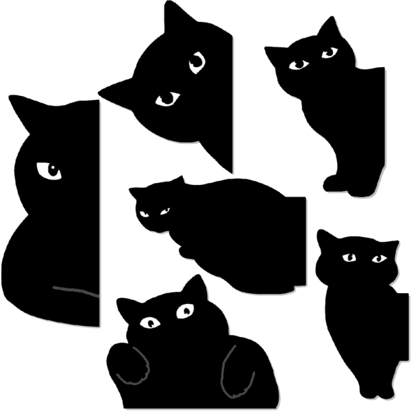 set med 6 magnetiska bokmärke Nyfiken kattfärg svart, halloween och