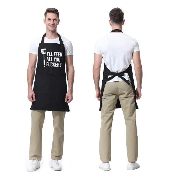 Men Cooking Apron, Dad BBQ Apron, Black Waterproof Apron with 2 P