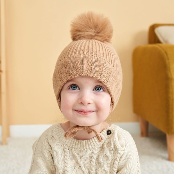 Stickad mössa för barn med justerbara flätor öronlappar plus fleece varm babyhatt (brun)