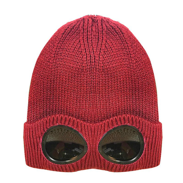 Unisex Goggle Beanie Hat Stickad Vinter Tjock Varm Outdoor Sports Beanie Skid Hatt（Vinröd）