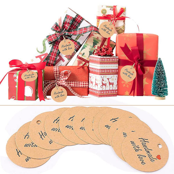 100 st presentlappar, handgjorda med kärleksetiketter Kraftpapper runda presentetiketter hantverkskortsetiketter med snöre（Mönster 7）