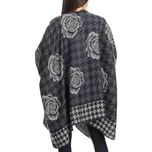 Kvindernes Fashionable Floral Reversible Shawl Cape - Blå, Shawl Sw