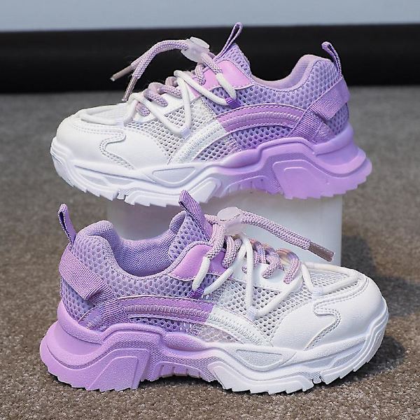 Barn Mode Tjocka Sneakers Med Hög Sula För Flickor Barn Vårfärg Blockering Casual Sportskor Höjning（28 Lila）