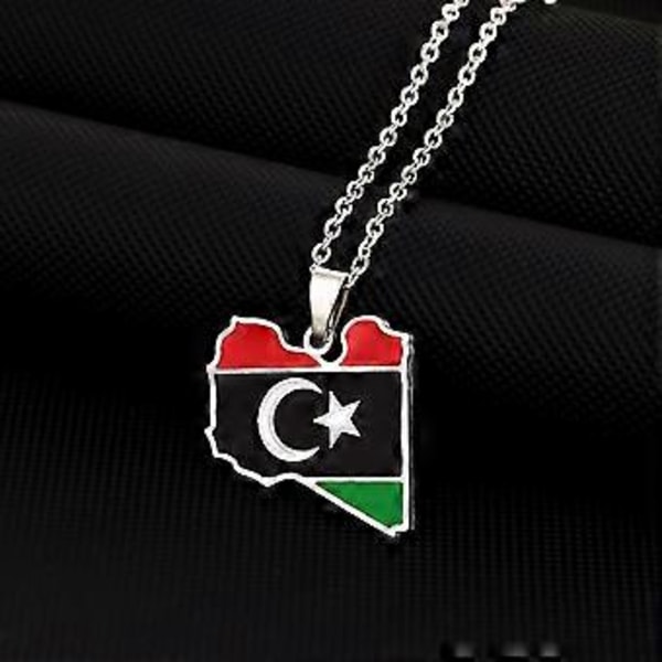 Libya-flagg anheng halskjede i rustfritt stål, stilig Libya-kart halskjede, slitesterkt halssmykke i rustfritt stål, sølv