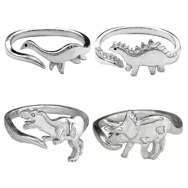 4 stk. søde justerbare dinosaurringe, dinosaurornament, dyresmykker, dinosaurring