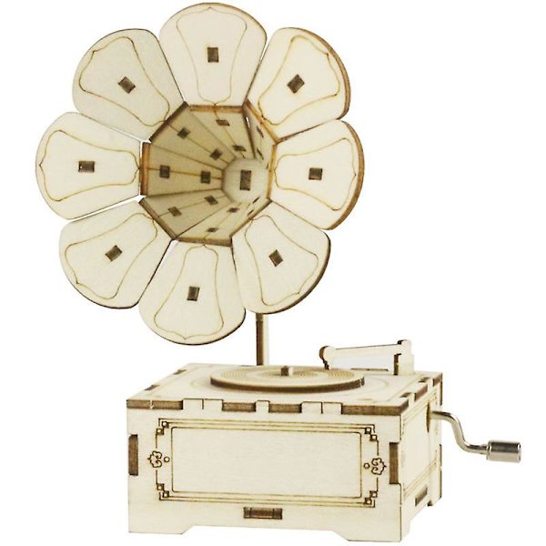 DIY Musikkboks 3D Trepuslesett Håndsveiv Gravert Musikboks Hjernetrim Lærende STEM Bygg DIY（Gramofon）