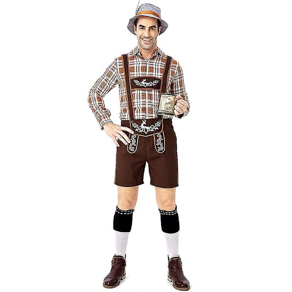 Traditionell ölfestivalkläder vuxna män tysk ölkläder hjort tryckt stor rutig khaki overall kostym L