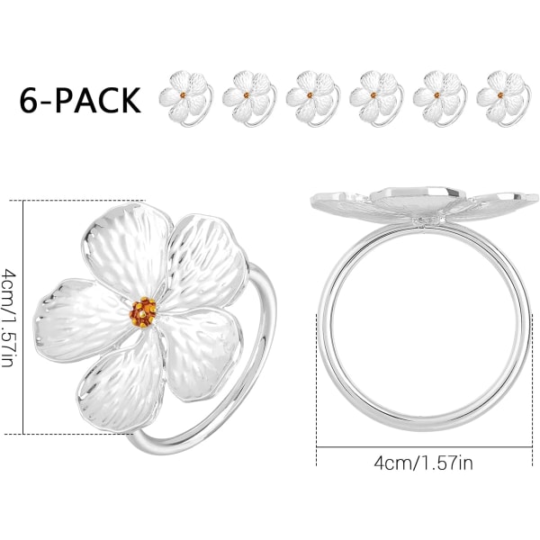 Sett med 6 serviettringer, bordserviettholdere i metall, blomsterformet