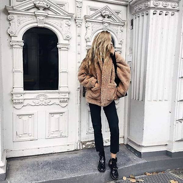 Kvinder Lapel Langærmet Faux Jakke Vinter Sexet Parka Mode Jakke（M Khaki）