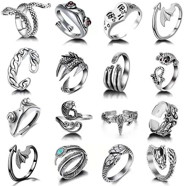 16 stk. Vintage Åbne Frø Ringe Sæt Knuckle Stacking Ringe Søde Dyr Slange Ring Klo Biker Cool Goth Ringe