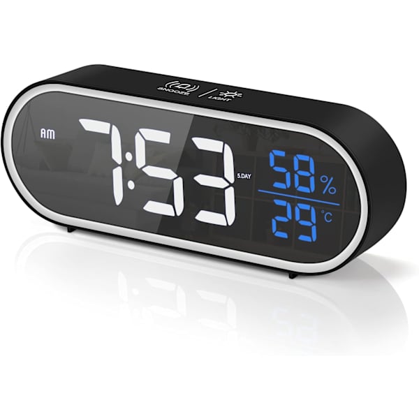 Digitalt vækkeur med stort LED-display til fugtighed og temperatur, USB-genopladeligt dobbeltvækkeur, 5 slags lysstyrke, smart stemme - sort