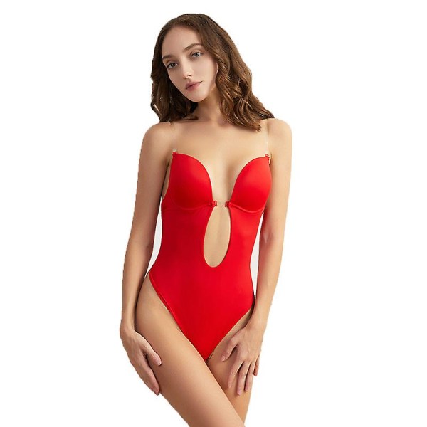 Kvinners dyp V-hals Body Shaper Ryggløs BH Body Shapewear U Plunge Sømløs Thong Full Bodysuits Rød（XXXL）