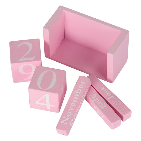 Uusin Vintage-puukalenteri, puinen päivämäärälohko Ikuinen kalenteri työpöydälle, aikakäsitteen rustiikkiset puukuutiot（Pink）