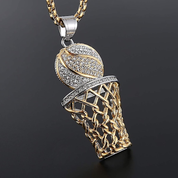 Hängsmycke för män i 18k guldpläterad silver med basketkorg i CZ-inlägg, Hip Hop Box Chain