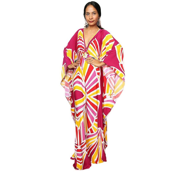 Maxiklänning med print för damer Batwing Sleeve Beach Dress Plus Size Sundress Beachwear Kaftan Cover-ups Dn0525