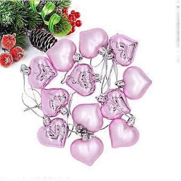 24 stk. Hjerteformet Julepynt Kreativ Julepynt i Plastik Søde Hjerteformet Julepynt Hængende Pynt (Pink)