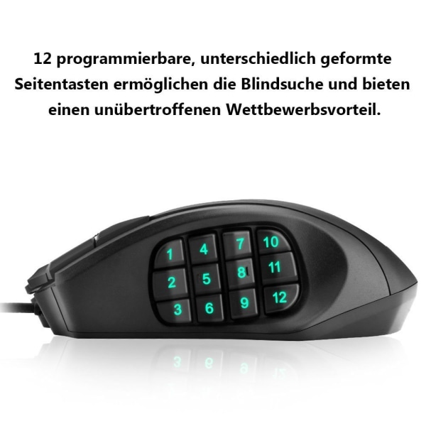 Gamingmus, 12 programmerbare spillknapper, 16400 DPI spillmus
