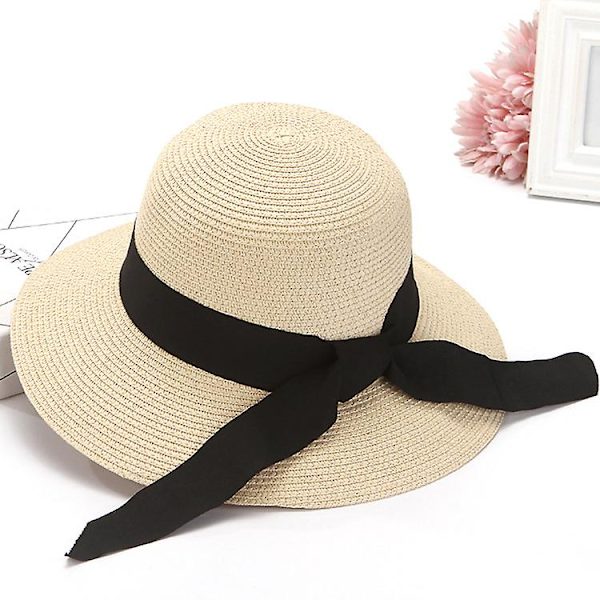 Solhattar för kvinnor UV-skydd Bred brätte Fällbar Floppy Halm Strandhatt med rem