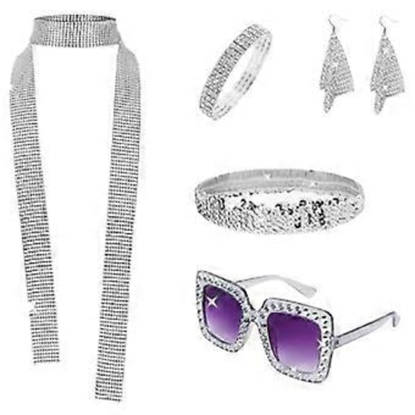 70-tals Disco Tillbehör, Disco Hippie Kostym Tillbehör Inklusive Lång Halsduk Örhängen Solglasögon Armband och Hårband Silver