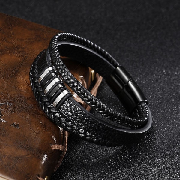 Gave til mænd  Herrearmbånd  Læderarmbånd  Sort læder  Flettet ægte læder bredt wrap armbånd