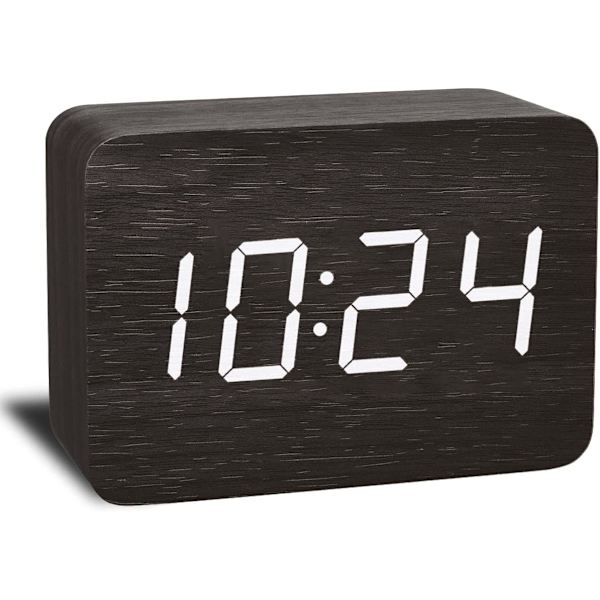 Trädigital väckarklocka med elektronisk LED-tidsdisplay, 4-nivåers justerbar ljusstyrka och röststyrning, tid, temperatur och datumvisning för sovrum, kontor, barn och familjer, svart