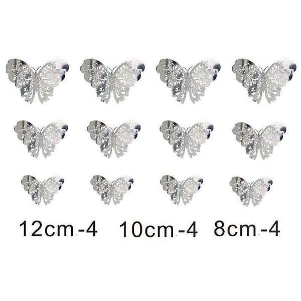 24 stk 3d sommerfuglveggklistremerker 3 størrelser sommerfuglveggdekorasjoner Romveggdekorasjon for soveromsfest bryllupsdekorer（sølv）