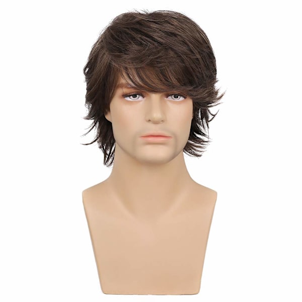 Mænds brune korte paryk lagdelt naturlig fluffy kemisk fiber paryk