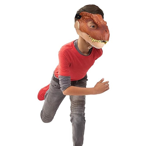 Dinosaurmaske med åpningsbar kjeve, øye- og neseåpninger og sikker stropp (rød)
