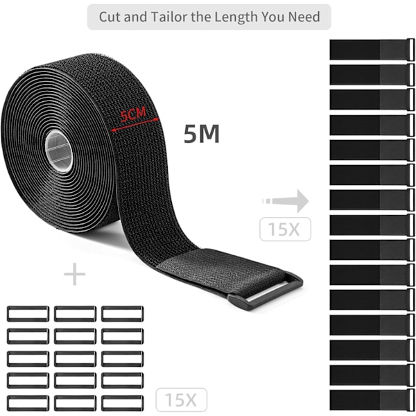 5cm x 5m Kraftig Kardborreband med 20 öglor - Justerbart, klippbart, återanvändbart band för att säkra kablar, slangar, rör, etc.